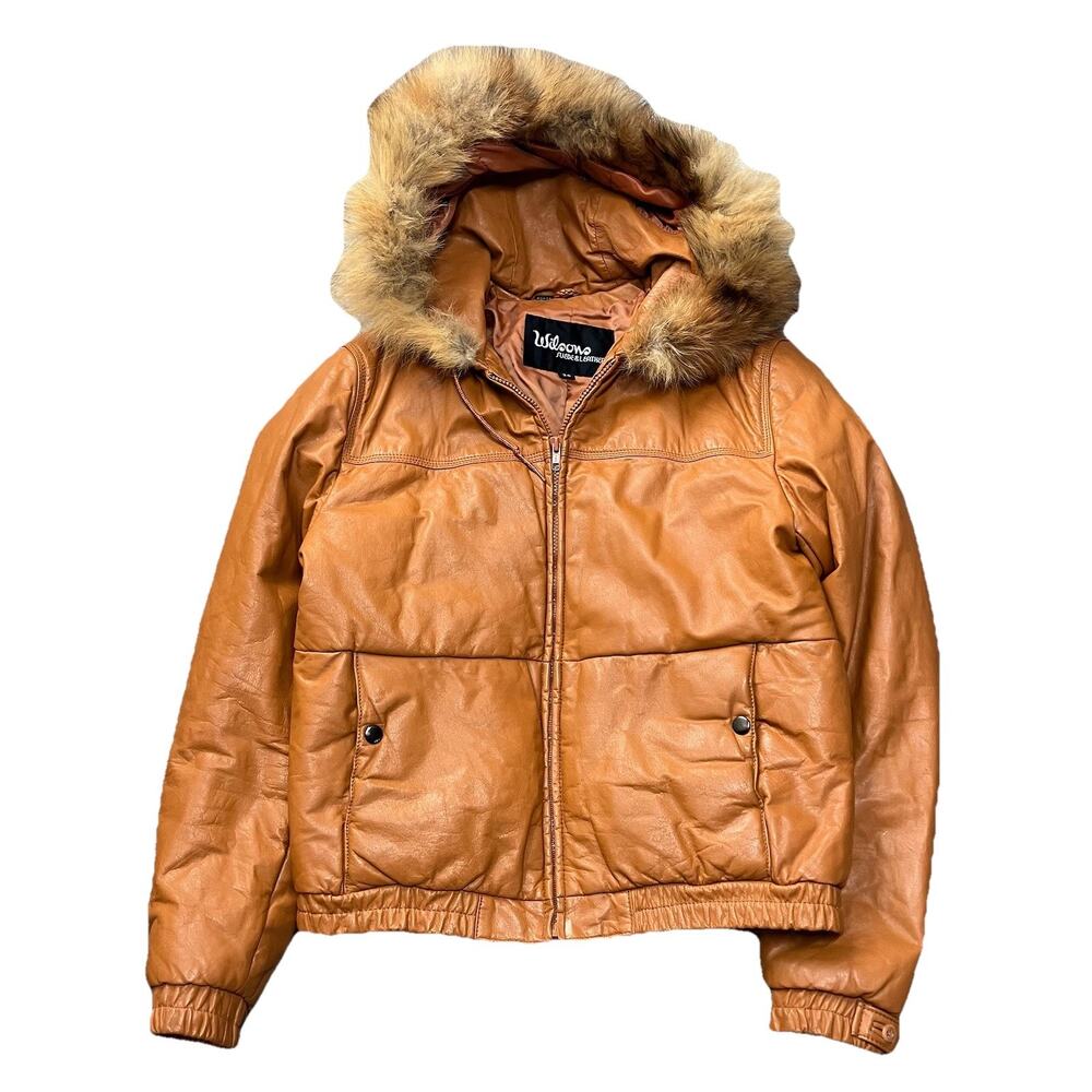 70’s Wilsons Burnt Orange Leather Fluffy Coyote Hooded Crop Jacket Nettspend